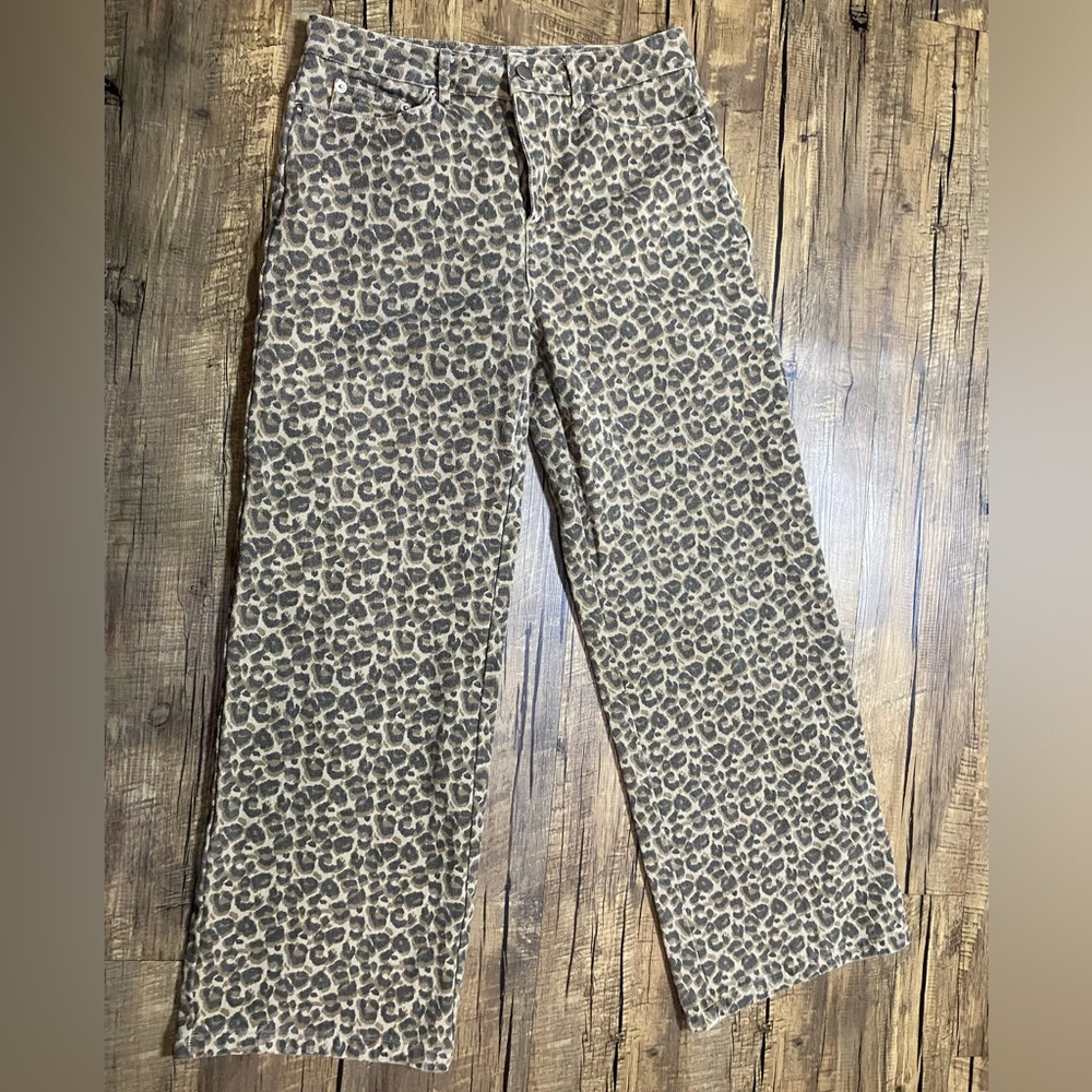 Le Lis Leopard Print Straight Leg Jeans in Beige and Black